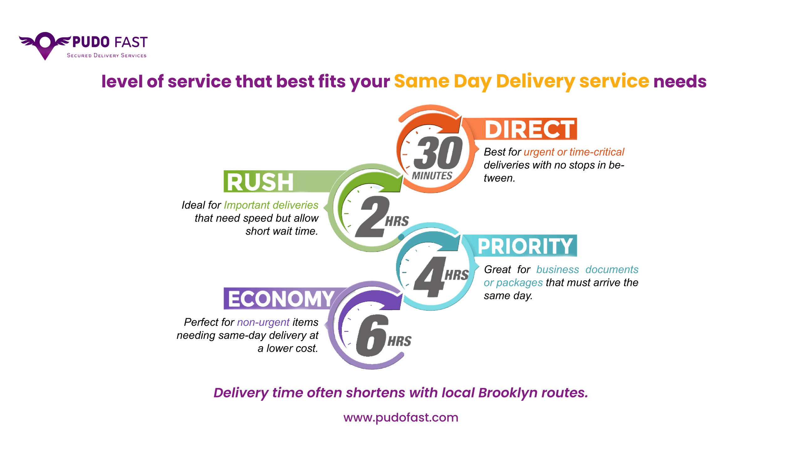 Same-day delivery options from Pudo Fast: Direct, Rush, Priority, and Economy with times from 30 mins to 6 hrs.