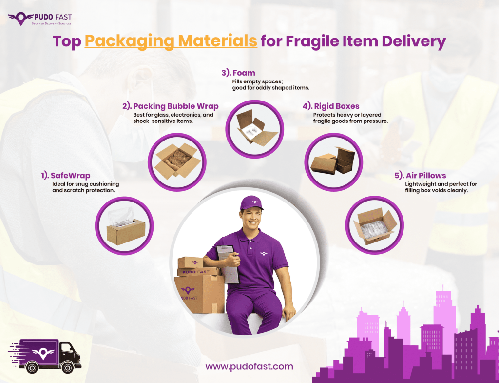 Top packaging materials for fragile delivery – SafeWrap, bubble wrap, foam, rigid boxes, and air pillows. Pudo Fast courier service branding.